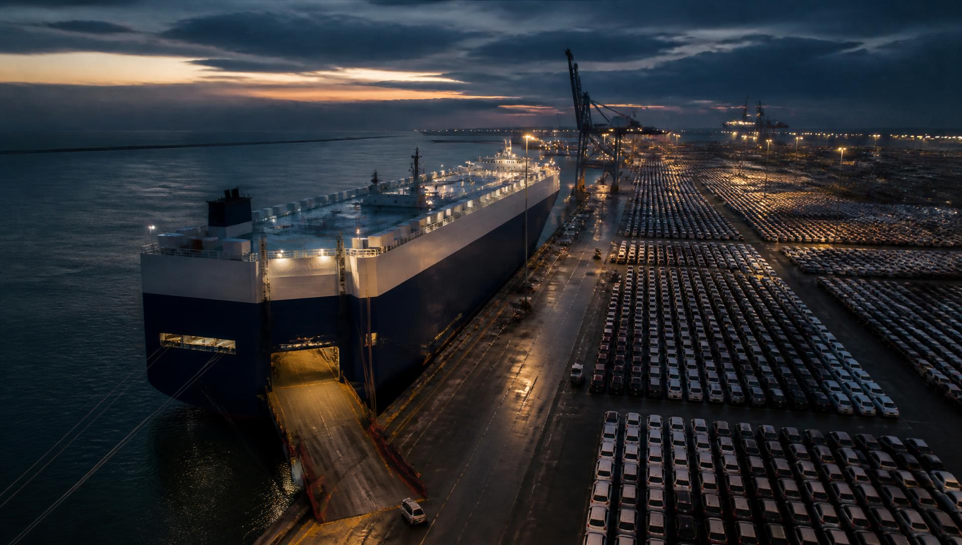 Car carrier vessel berthed alongside a vehicle terminal filled with new cars