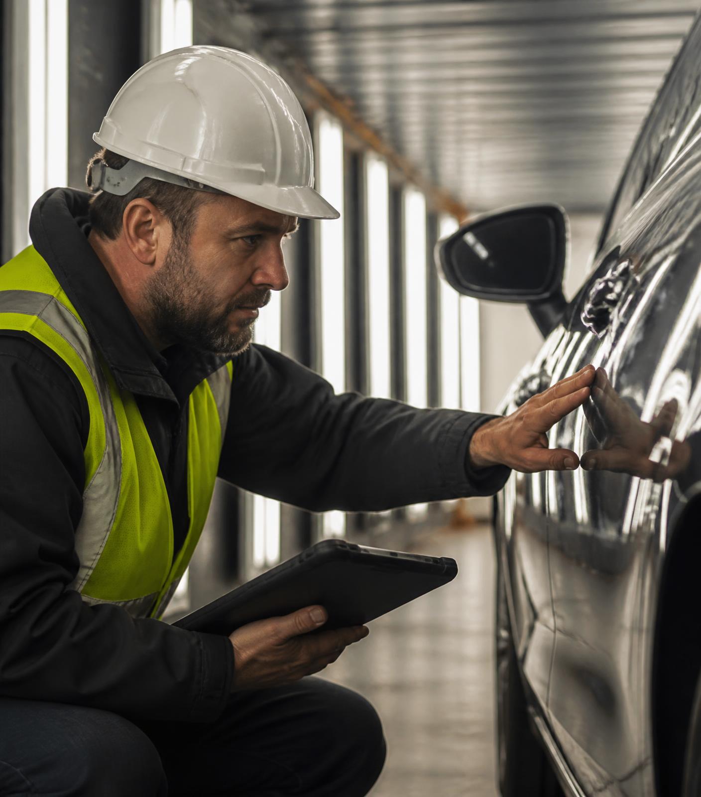 Surveyor inspecting the panel of a new vehicle with a handheld device